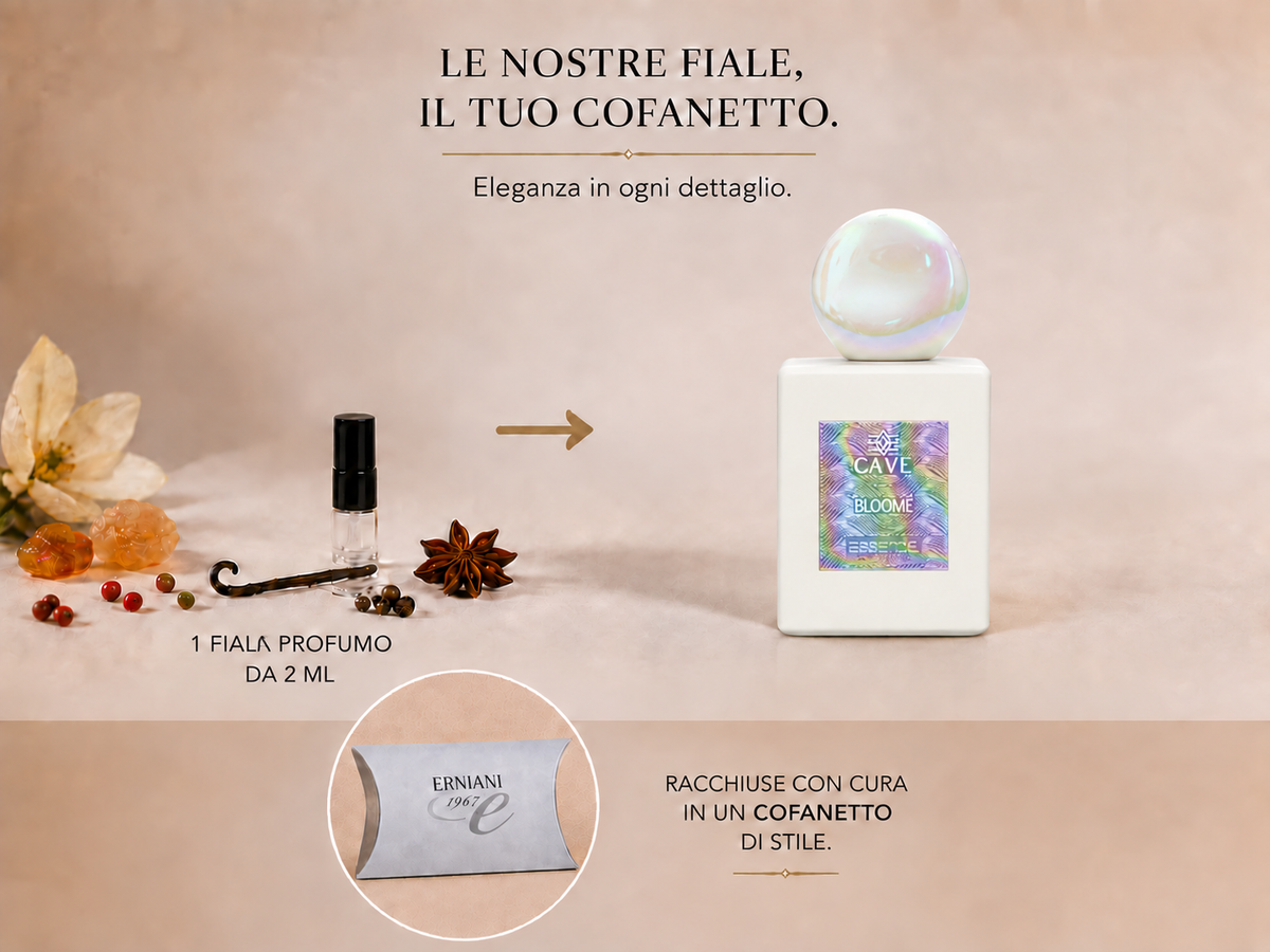 Discovery Kit Fialetta Singola : Bloomé di Cave — fiala da 2 ml, flacone di riferimento e cofanetto Erniani 1967