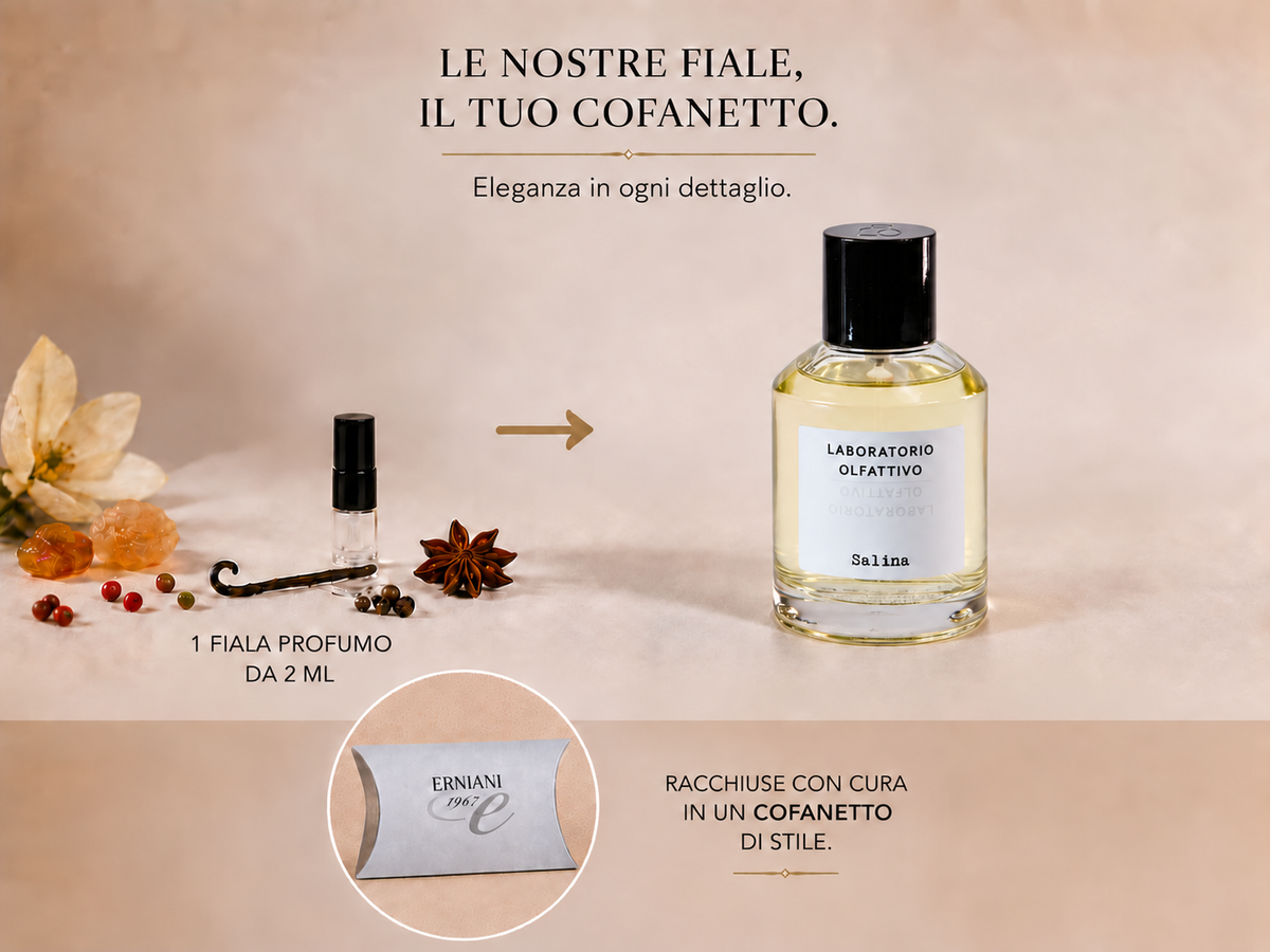 Discovery Kit Fialetta Singola : Salina di Laboratorio Olfattivo — fiala da 2 ml, flacone di riferimento e cofanetto Erniani 1967