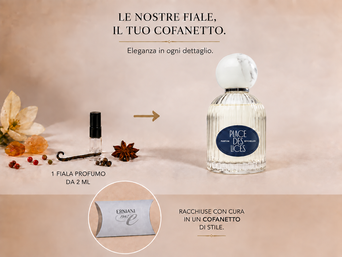Discovery Kit Fialetta Singola : Seychelles di Place des Lices — fiala da 2 ml, flacone di riferimento e cofanetto Erniani 1967