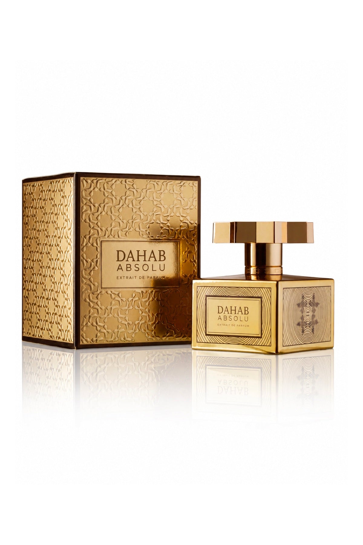 Kajal Dahab Absolu Extrait de Parfum 100 ml, flacone dorato con confezione su sfondo bianco